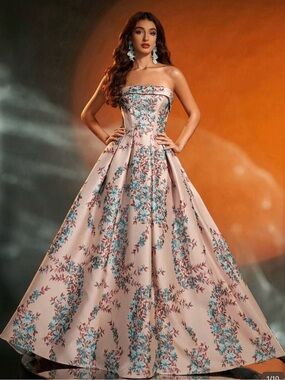 Strapless Pink Floral Ball Gown Dress